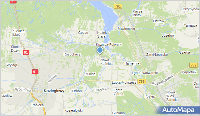 mapa Nowa Kuźnica, Nowa Kuźnica gmina Koziegłowy na mapie Targeo